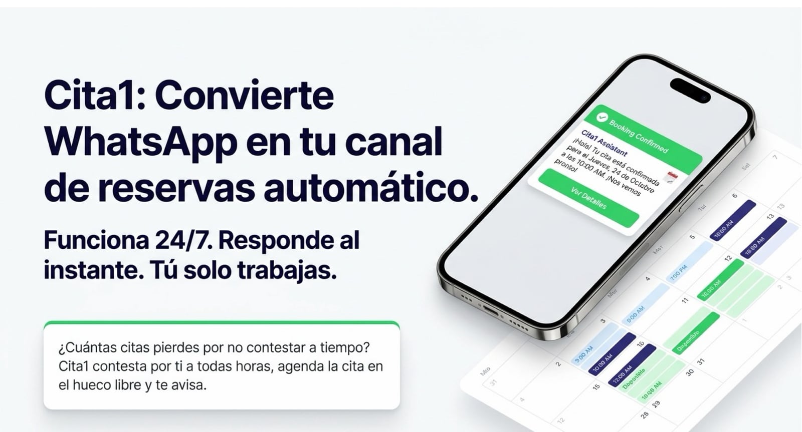 Cita1 convierte WhatsApp en tu canal de reservas automático. Funciona 24/7 y responde al instante.